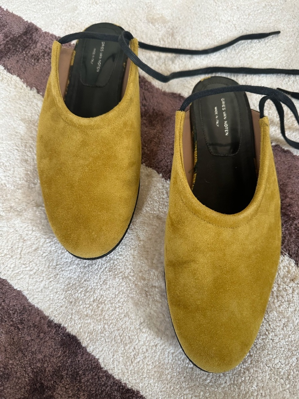 Dries Van Noten Suede Mules 38 Almond Pointed Toe Ballet Flat Laces Gold Yellow - Picture 3 of 9